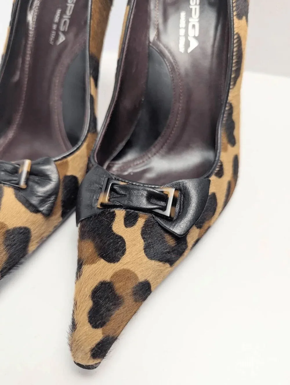 Vintage Via Spiga animal print calf hair pointed toe leather bow heels womens 6
